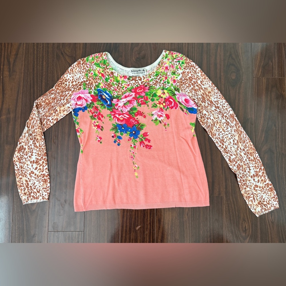 Vintage Joseph A Pink Floral and Leopard Long Sleeve Top